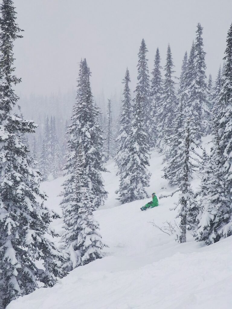 A snowboarder in a green suit sitting on the ski slopes on a powder day.