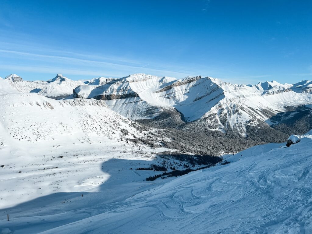 Mountain views from the summit of a ski resort in Canada.