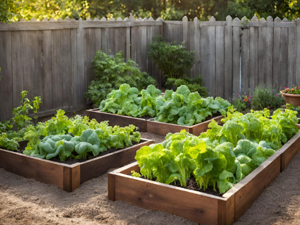 Raised beds in a backyard garden perfect for putting ski tip garden markers down to label the different vegetables.