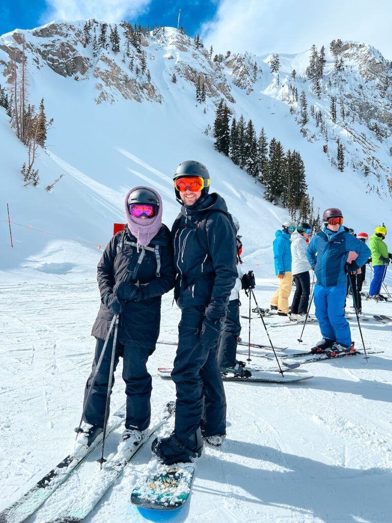 Sam and Abby skiing and snowboarding with their favorite backpacks on in Utah.