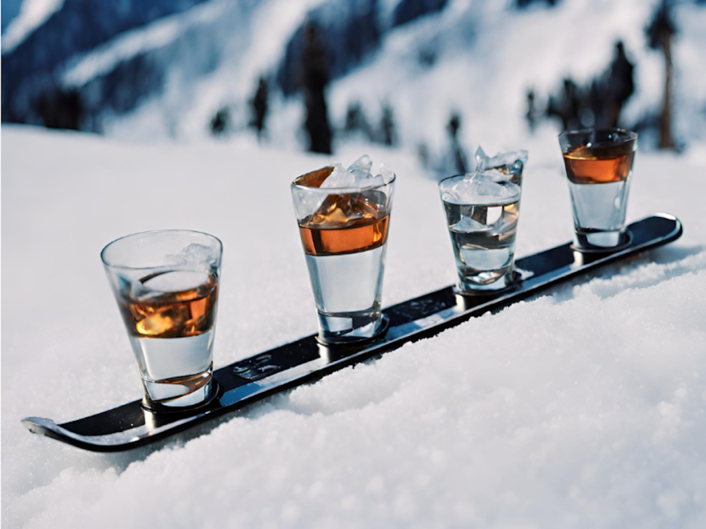 A shot ski sitting on snow.