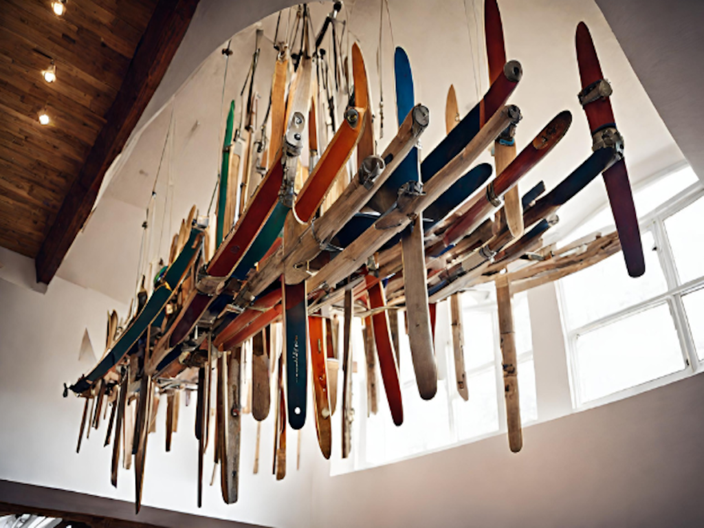 An intricate chandelier made out of old sets of skis.