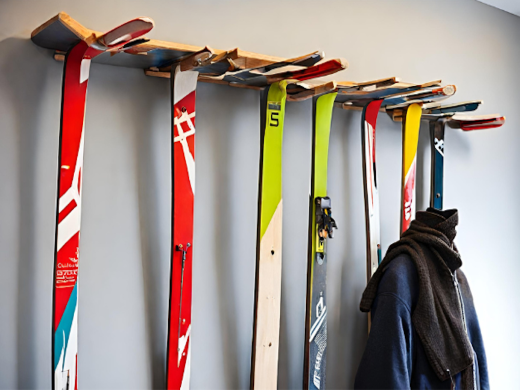 Skis repurposed into a coat hanger.
