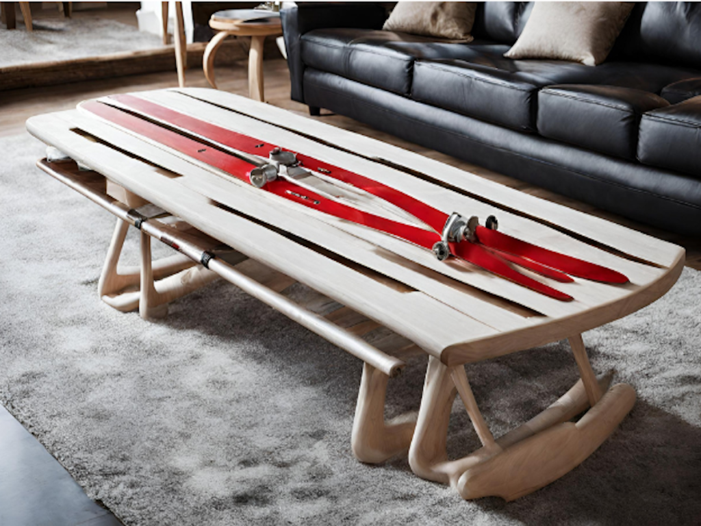 Old skis repurposed into a coffee table.