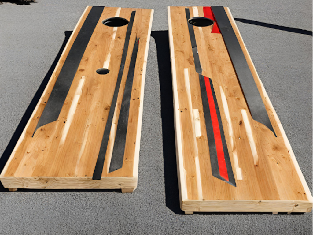Two corn hole boards made out of old skis.
