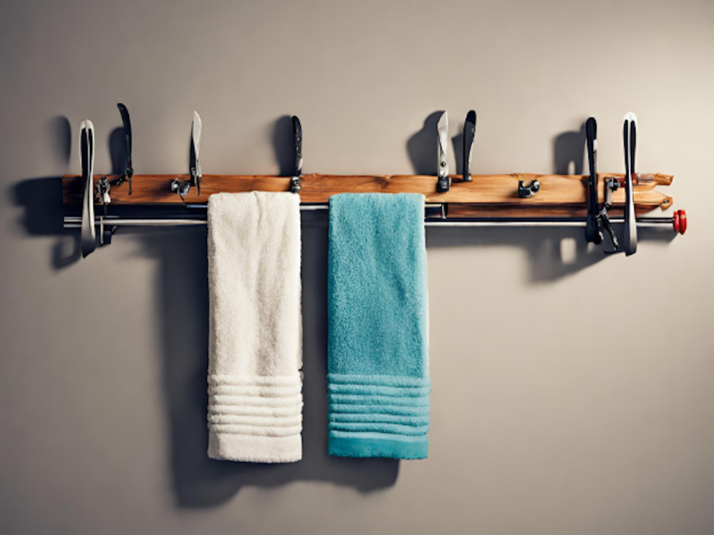 A towel rack made out of retired skis.