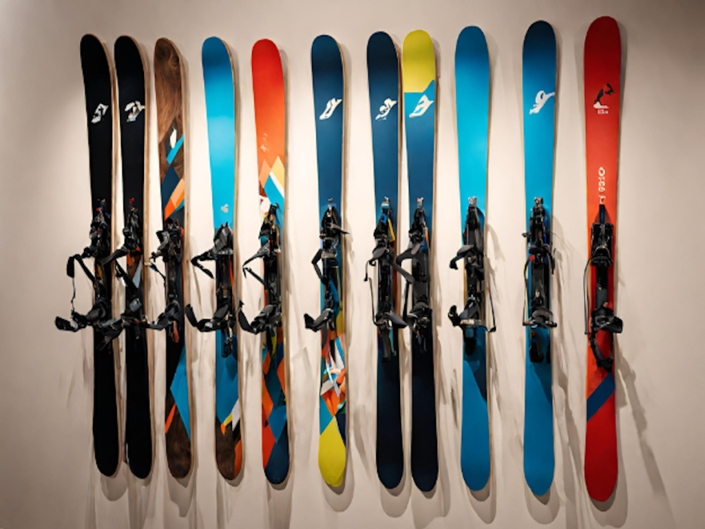 Multiple colorful pairs of skis mounted on the wall as wall art.