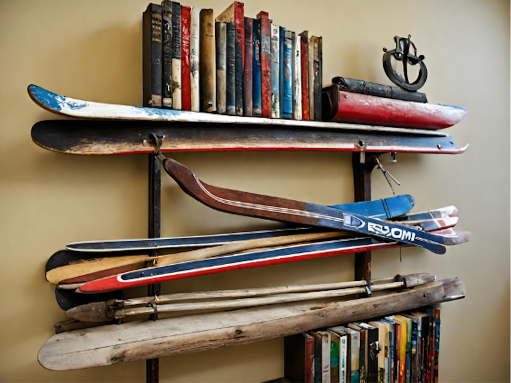 Skis transformed into a bookcase.