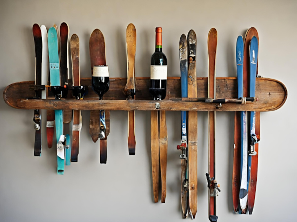 Ski repurposed into a wine rack mounted on the wall.