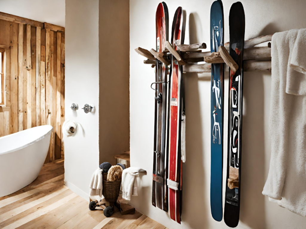 An example of what to do with old skis, showcasing old snowboards as a towel rack.