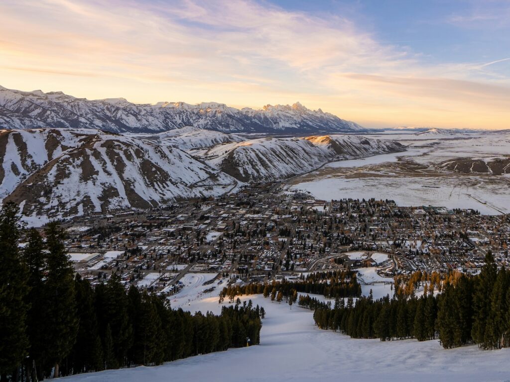 Downtown Jackson Hole from Snow King Mountain during the winter.