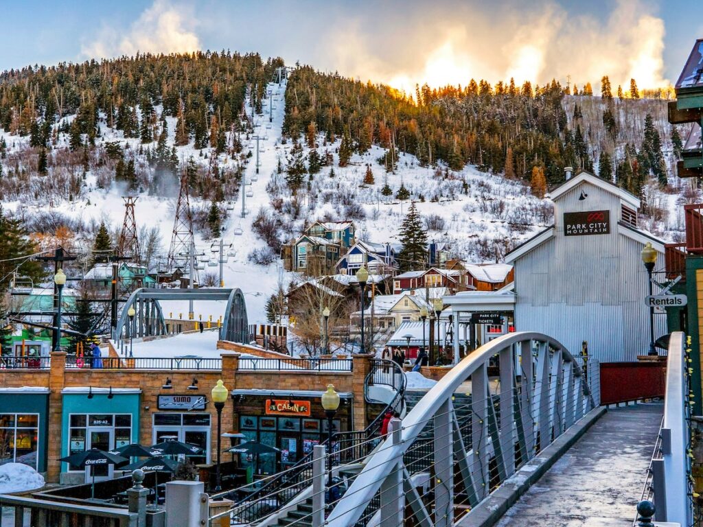Downtown Park City, one of the places like Aspen, covered in snow.
