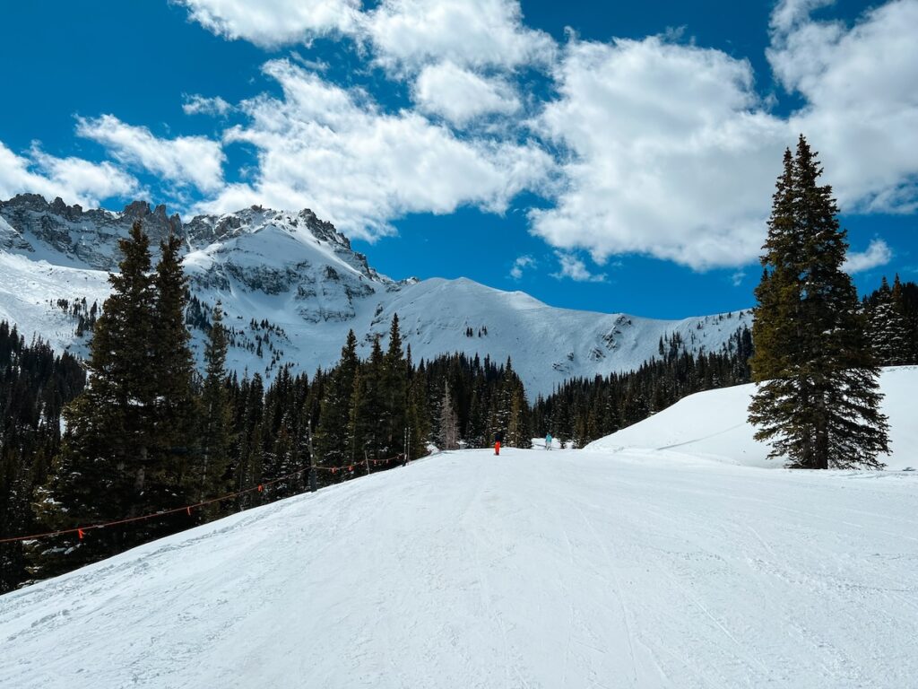 Groomed ski slope run in Colorado.