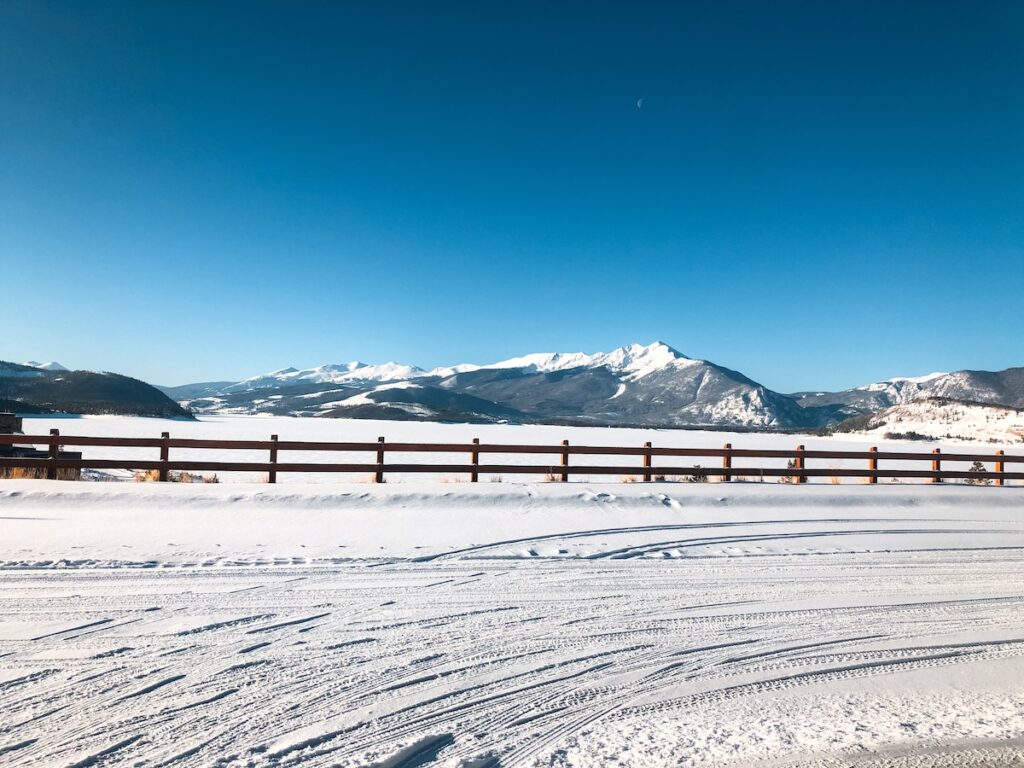 A snowy road near the ski slopes in Colorado.