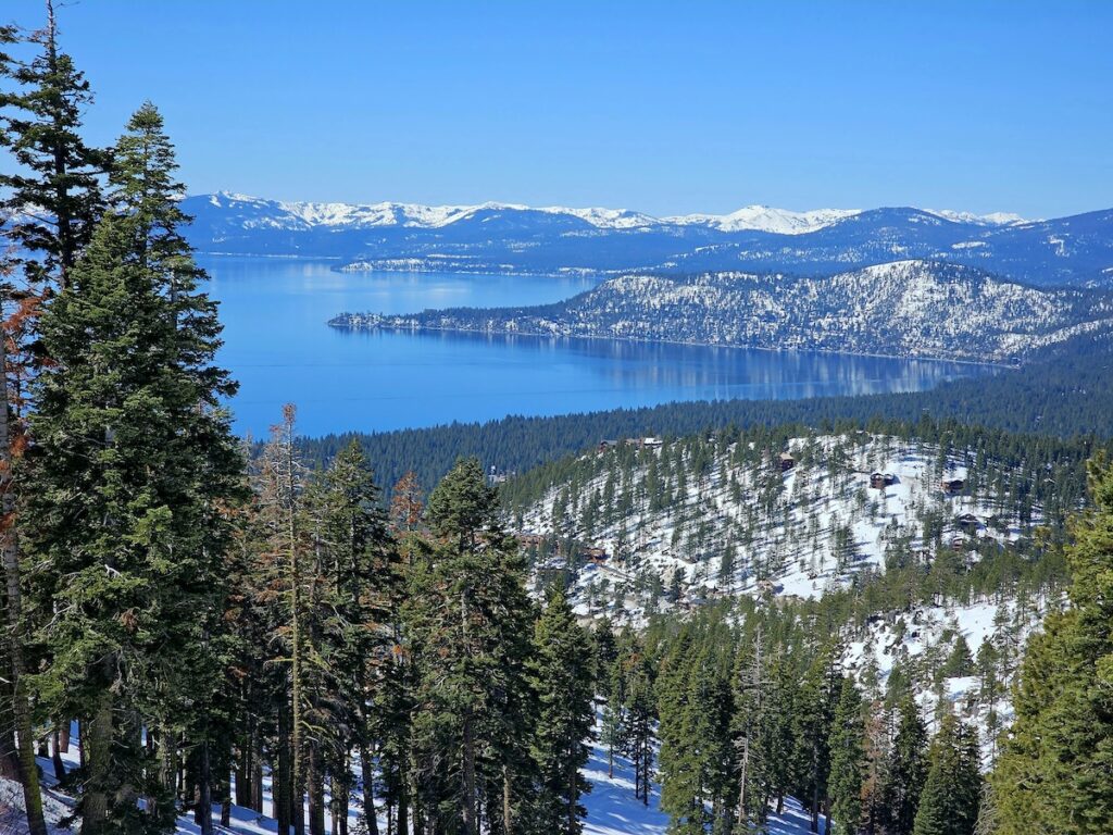 Lake Tahoe surrounded by snowy mountains and green trees.