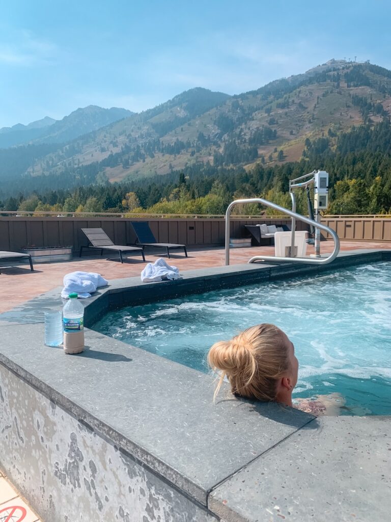 Abby in the rooftop hot tub at the Teton Mountain Lodge and Spa.