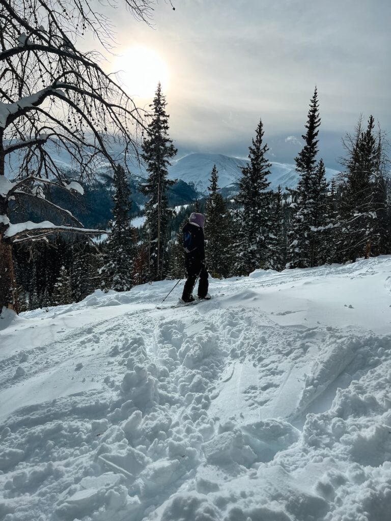 Abby skiing in Colorado on a powder day.