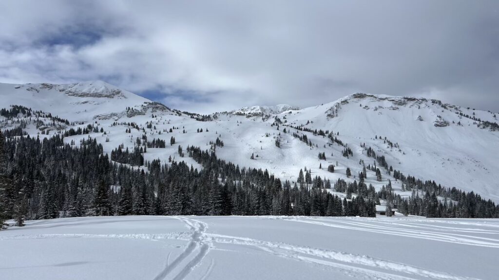 Fresh tracks at Alta Ski Area on a partially cloudy day.