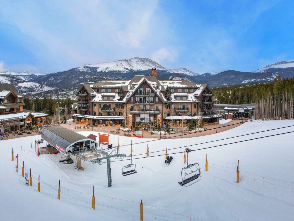 A lift outside of Crystal Peak Lodge during the winter.