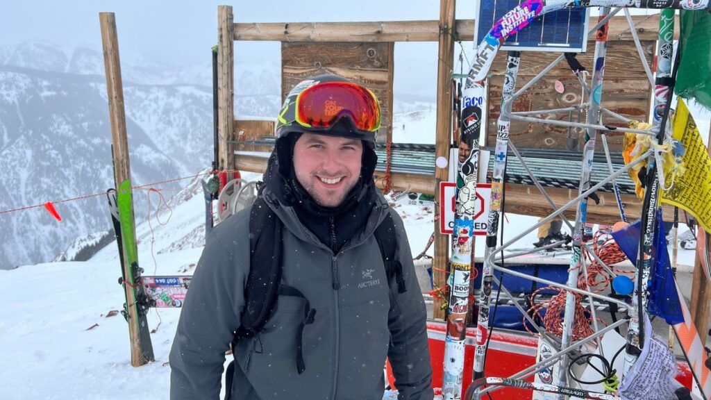 Sam snowboarding in Aspen on a snowy day.