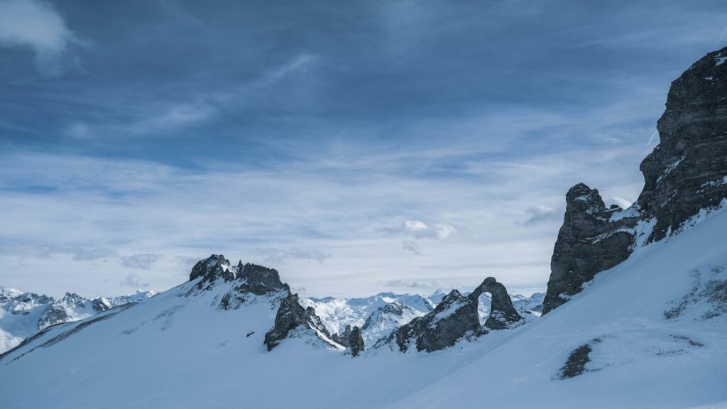 Snow covered mountain views from a popular ski resort in France, Val D'Isere.