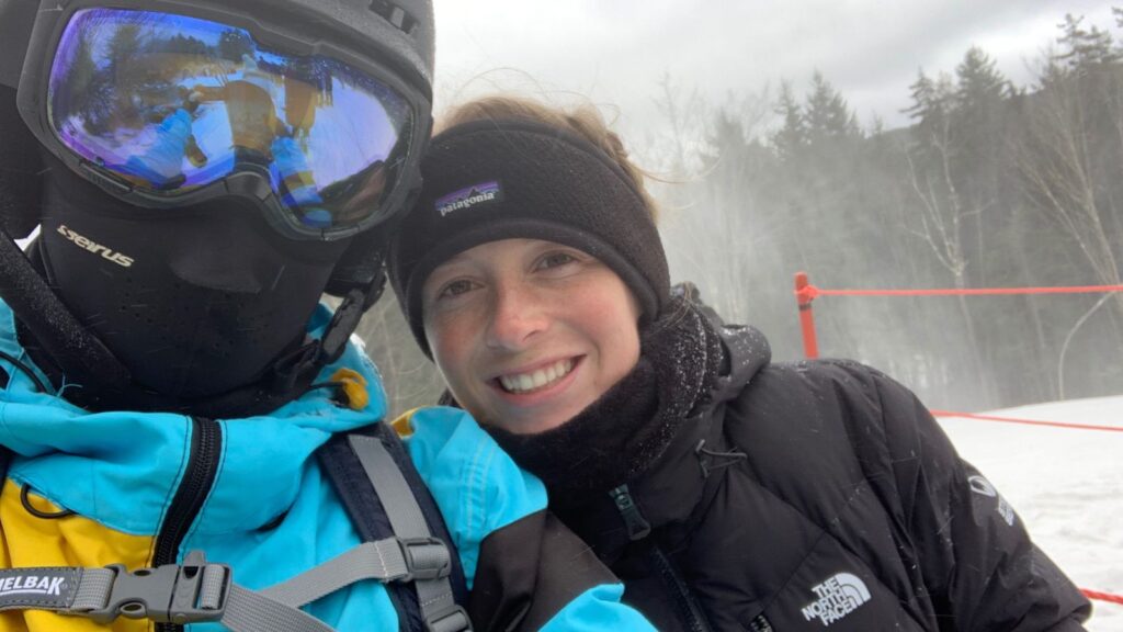 Abby and Sam skiing at Snowshoe Mountain Resort.