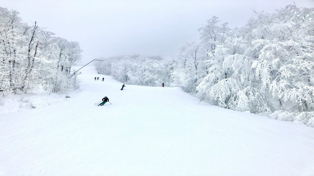 A group of skiers and snowboarders riding down a slope at Mont-Tremblant.