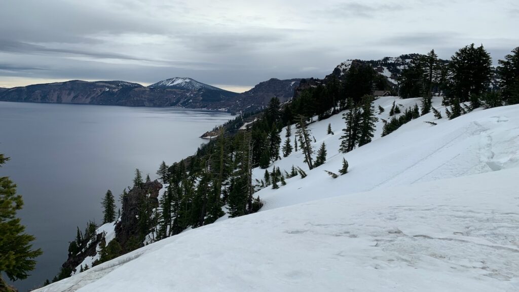 Snow surrounding Crater Lake.