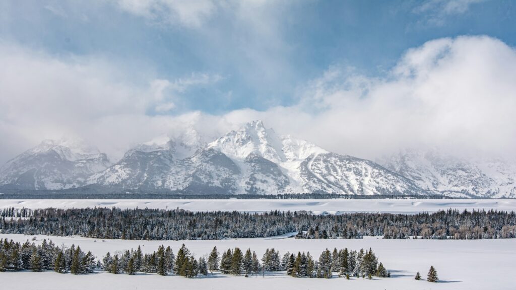 The Tetons across from Jackson Hole covered in snow.