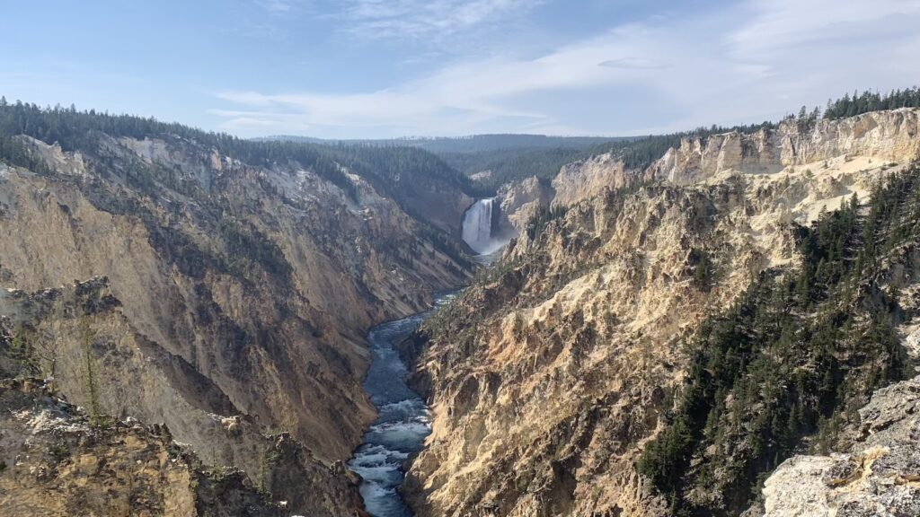 A big waterfall in Yellowstone National Park.